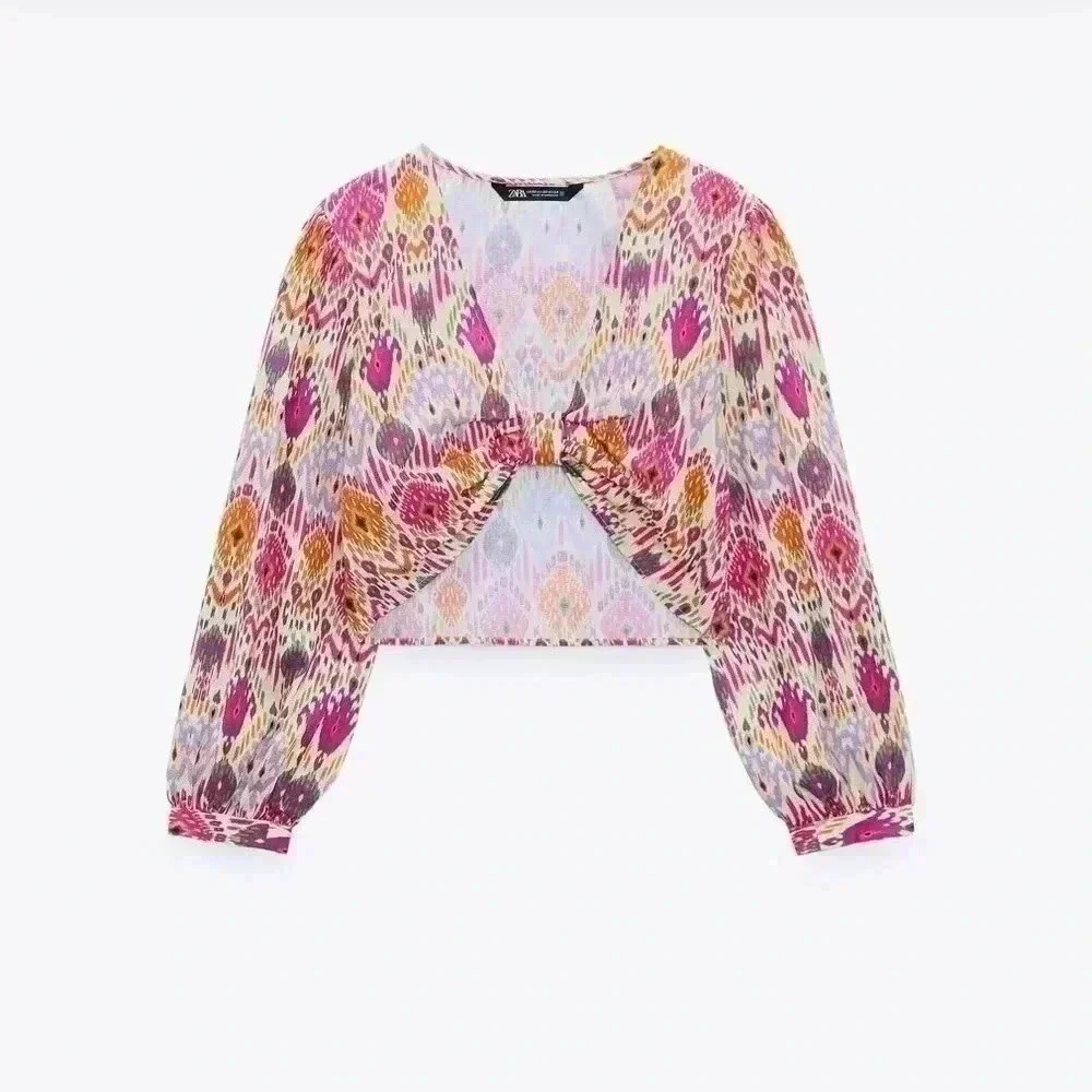 BNWOT Zara boho print top with knot size M - Picture 2 of 5